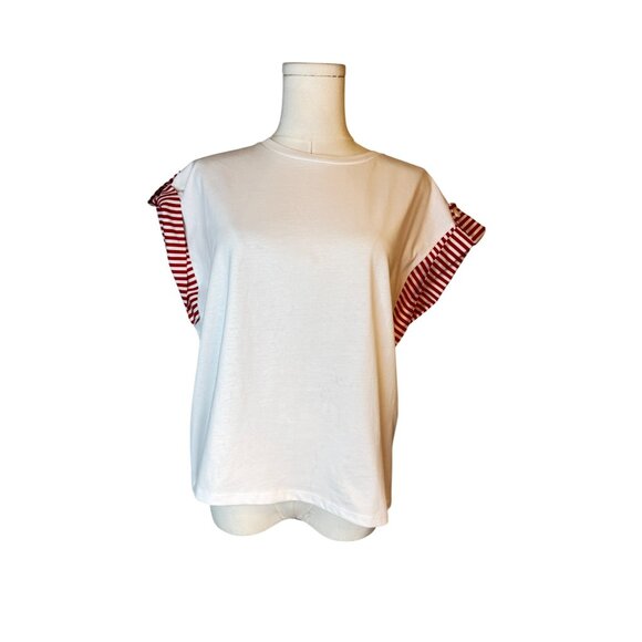 NWT Zara Medium White T-Shirt With Red Striped Flutter Sleeves 100% Cotton - Picture 6 of 14